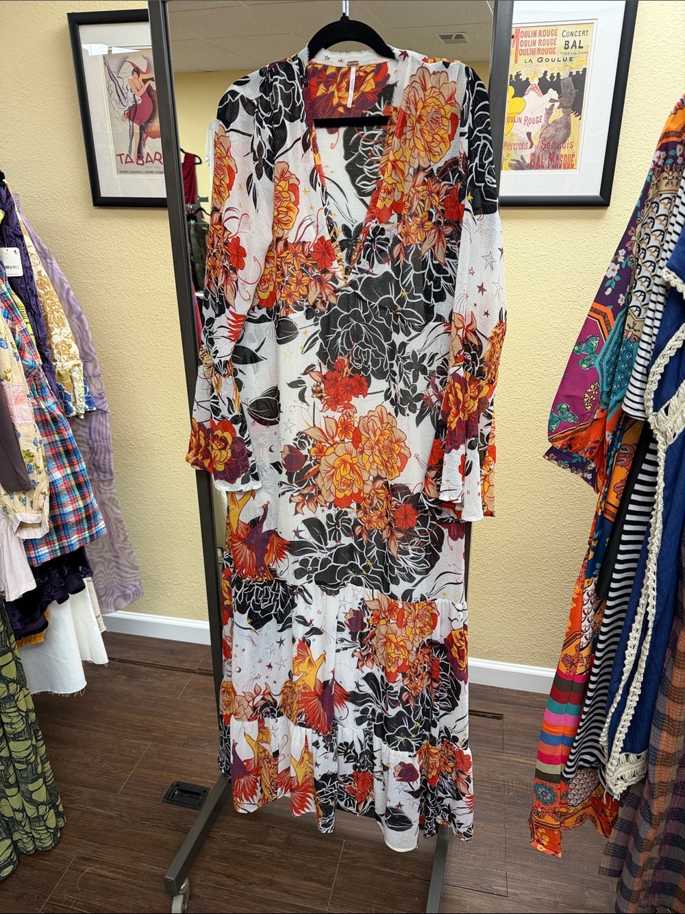 Free People White Maxi Dress with Orange & Black Floral Print